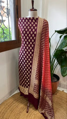 Maroon, Coral Red Handwoven Banarasi Suit Set in Pure Georgette