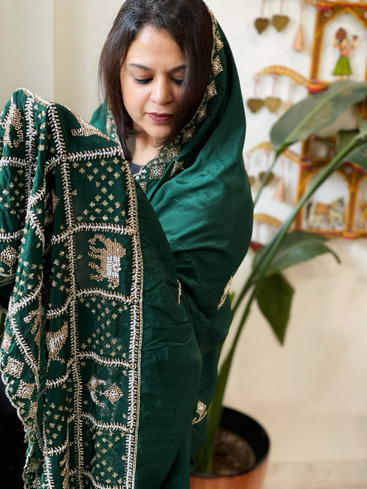 Green Crepe Dupatta with Pearl, Cut Daana, Gold Thread & Sequin Embroidery