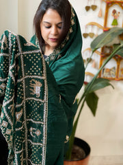 Green Crepe Dupatta with Pearl, Cut Daana, Gold Thread & Sequin Embroidery