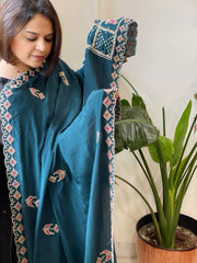 Teal Crepe Dupatta with Pearl, Cut Daana, Gold Thread & Sequin Embroidery