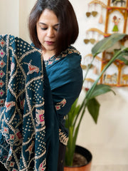 Teal Crepe Dupatta with Pearl, Cut Daana, Gold Thread & Sequin Embroidery