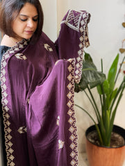 Wine Crepe Dupatta with Pearl, Cut Daana, Gold Thread & Sequin Embroidery