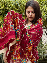Maroon Handmade Phulkari Dupatta in Pure Chinon with Gota Handwork