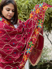 Maroon Handmade Phulkari Dupatta in Pure Chinon with Gota Handwork