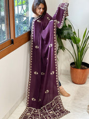 Wine Crepe Dupatta with Pearl, Cut Daana, Gold Thread & Sequin Embroidery