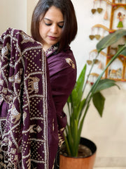 Wine Crepe Dupatta with Pearl, Cut Daana, Gold Thread & Sequin Embroidery