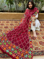 Maroon Handmade Phulkari Dupatta in Pure Chinon with Gota Handwork