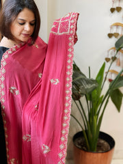 Pink Crepe Dupatta with Pearl, Cut Daana, Gold Thread & Sequin Embroidery