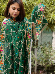 Green Handmade Phulkari Dupatta in Pure Chinon with Gota Handwork