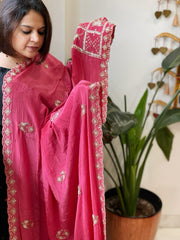 Pink Crepe Dupatta with Pearl, Cut Daana, Gold Thread & Sequin Embroidery