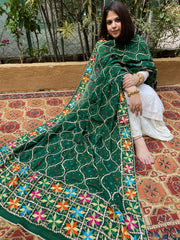 Green Handmade Phulkari Dupatta in Pure Chinon with Gota Handwork