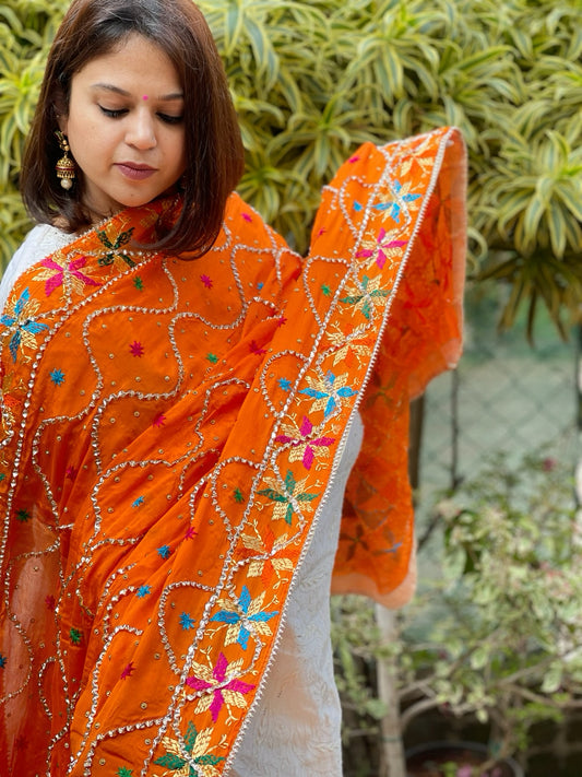 Orange Handmade Phulkari Dupatta in Pure Chinon with Gota Handwork