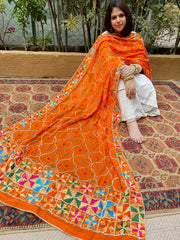 Orange Handmade Phulkari Dupatta in Pure Chinon with Gota Handwork