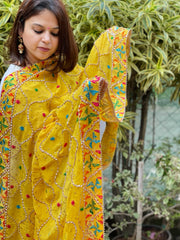 Yellow Handmade Phulkari Dupatta in Pure Chinon with Gota Handwork