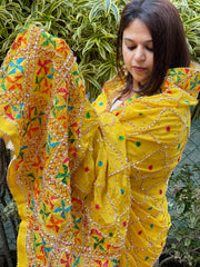 Yellow Handmade Phulkari Dupatta in Pure Chinon with Gota Handwork