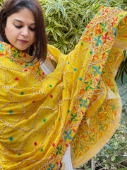 Yellow Handmade Phulkari Dupatta in Pure Chinon with Gota Handwork