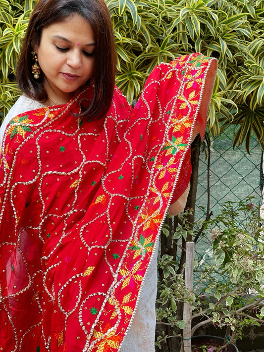 Red Handmade Phulkari Dupatta in Pure Chinon with Gota Handwork