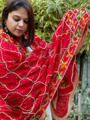 Red Handmade Phulkari Dupatta in Pure Chinon with Gota Handwork
