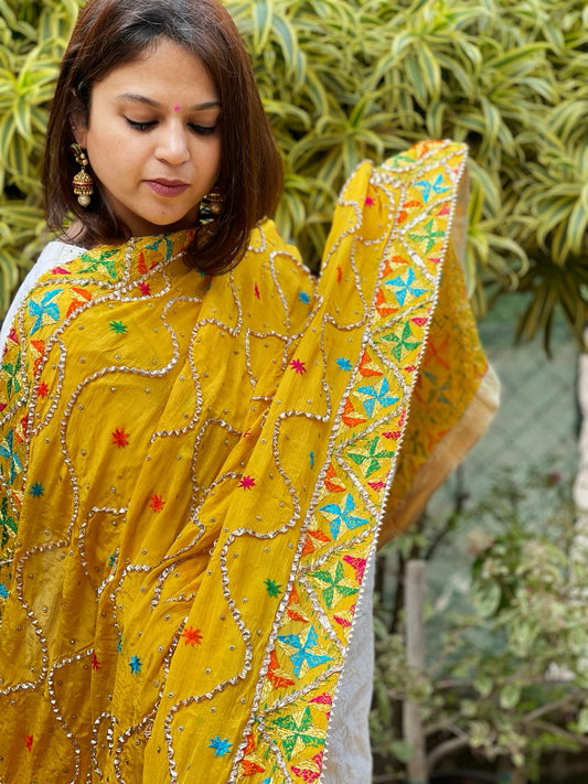 Yellow Handmade Phulkari Dupatta in Pure Chinon with Gota Handwork