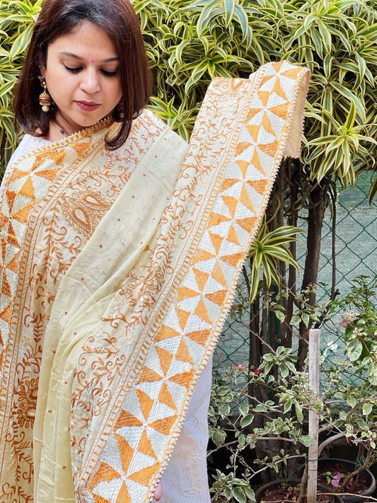 Cream with Lime Tinge Handmade Phulkari Dupatta in Pure Chinon with Gotapatti Handwork