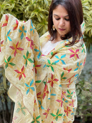 White Handmade Desginer Phulkari Dupatta in Pure Chinon