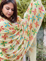 White Handmade Desginer Phulkari Dupatta in Pure Chinon
