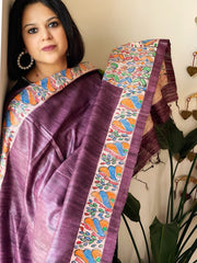 Wine Handpainted Madhubani Dupatta in Pure Tussar Silk