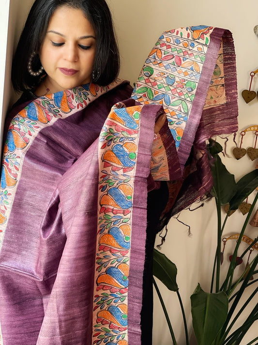 Wine Handpainted Madhubani Dupatta in Pure Tussar Silk