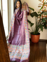 Wine Handpainted Madhubani Dupatta in Pure Tussar Silk