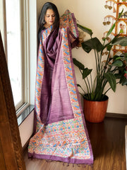 Wine Handpainted Madhubani Dupatta in Pure Tussar Silk