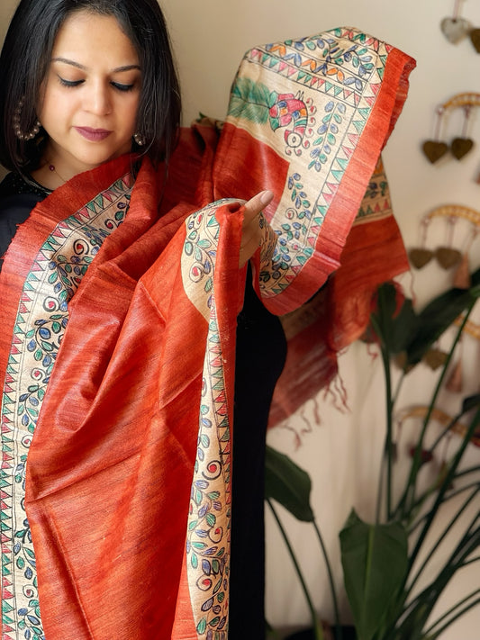 Orange Handpainted Madhubani Dupatta in Pure Tussar Silk