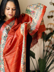 Orange Handpainted Madhubani Dupatta in Pure Tussar Silk