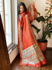 Orange Handpainted Madhubani Dupatta in Pure Tussar Silk