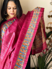 Pink Handpainted Madhubani Dupatta in Pure Tussar Silk