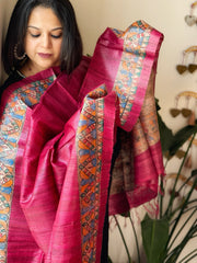 Pink Handpainted Madhubani Dupatta in Pure Tussar Silk