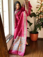 Pink Handpainted Madhubani Dupatta in Pure Tussar Silk