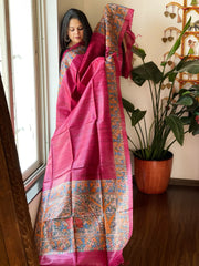 Pink Handpainted Madhubani Dupatta in Pure Tussar Silk