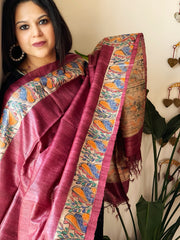 Wine Handpainted Madhubani Dupatta in Pure Tussar Silk