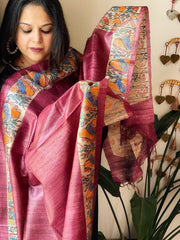 Wine Handpainted Madhubani Dupatta in Pure Tussar Silk