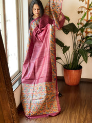 Wine Handpainted Madhubani Dupatta in Pure Tussar Silk
