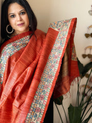Orange Handpainted Madhubani Dupatta in Pure Tussar Silk
