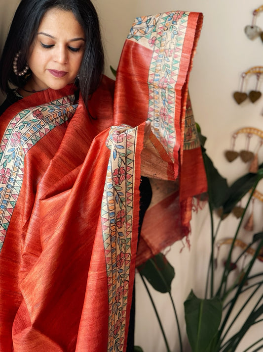 Orange Handpainted Madhubani Dupatta in Pure Tussar Silk