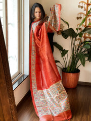 Orange Handpainted Madhubani Dupatta in Pure Tussar Silk