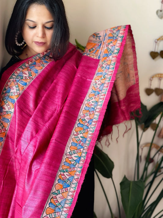 Pink Handpainted Madhubani Dupatta in Pure Tussar Silk