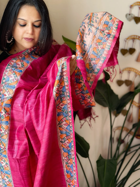 Pink Handpainted Madhubani Dupatta in Pure Tussar Silk