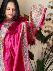 Pink Handpainted Madhubani Dupatta in Pure Tussar Silk