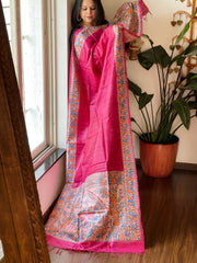 Pink Handpainted Madhubani Dupatta in Pure Tussar Silk