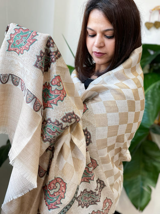 Dark Cream Woven Pashmina Zari Shawl with Kaani Pallu