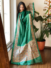 Green Handpainted Madhubani Dupatta in Pure Tussar Silk