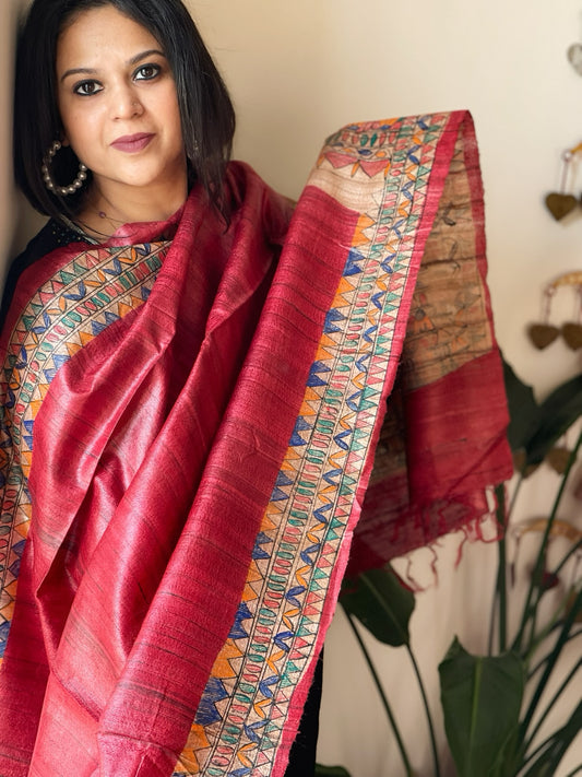 Red Handpainted Madhubani Dupatta in Pure Tussar Silk